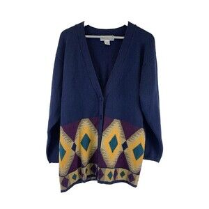 August Max Woman Sweater Cardigan Wool Acrylic Blend Navy Multi Argyle Womens 1X
